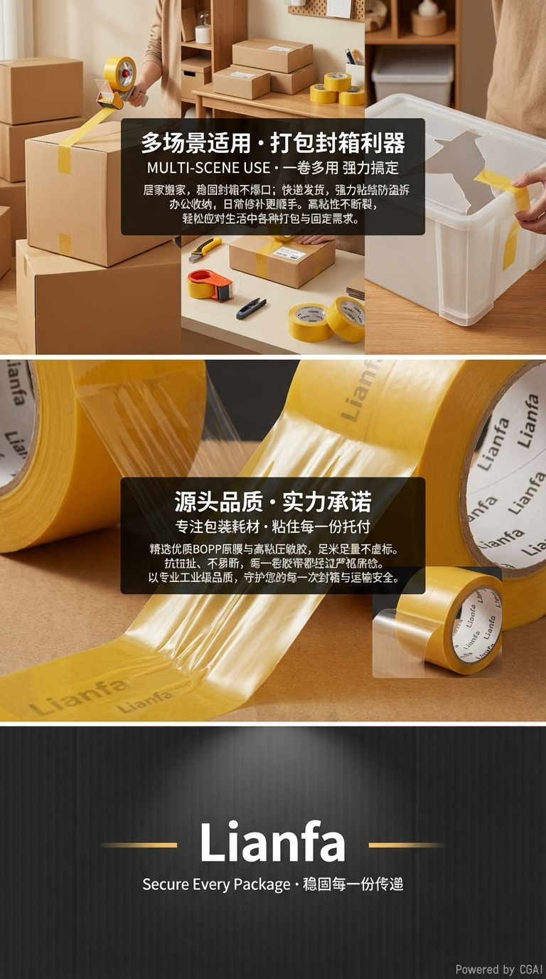 联发黄色封箱胶带物流工厂打包胶带厂家直销详情3