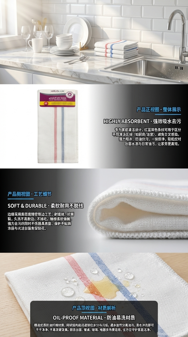 HAUSLUX白色毛巾布 100%纯棉柔软吸水性好家用耐用厨房抹布详情2