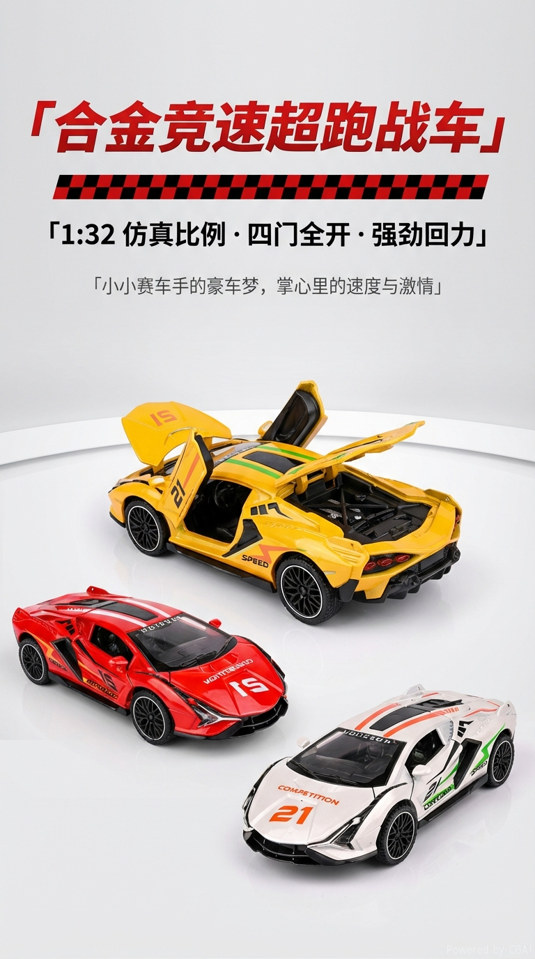 金属合金车模1:32比例可开门回力红黄白色跑车玩具车包装盒老爷车合金赛车详情1