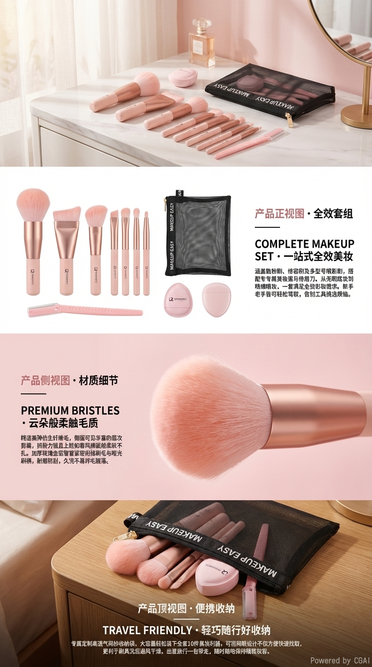 Romance Pink butterfly color box packaging mini portable 8-tube brush + cotton candy powder puff + eyebrow knife + storage bag pic 1