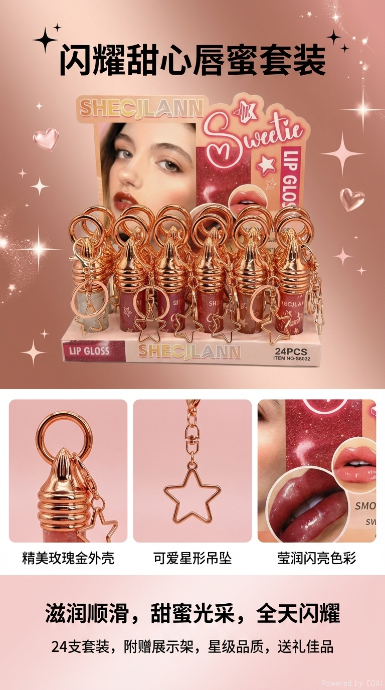 SHECJLANN Sweetheart Lip Gloss, rose gold bottle with star pendant, brimming with girlish charm! pic 1