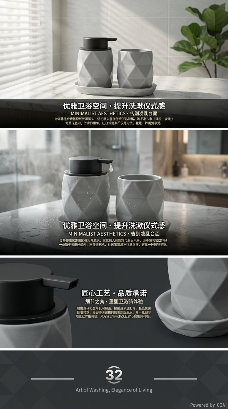 SHARONHOME多色菱格纹陶瓷卫浴三件套 带托盘洗手液瓶 + 漱口杯 现代风浴室洗漱套装详情3