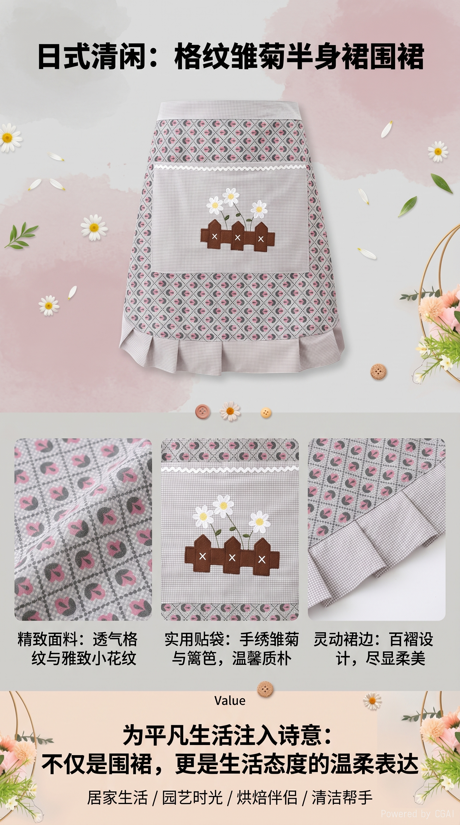 围裙条纹家用帆布做饭厨房围腰半身耐磨防污透气工作服时尚半截093624061详情1