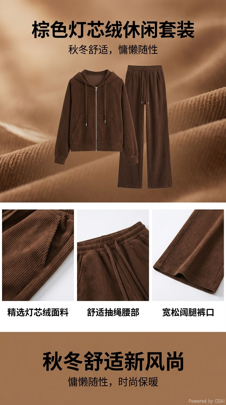 阿道夫银狐绒男士休闲套装棕色卫裤短裤组合装详情1