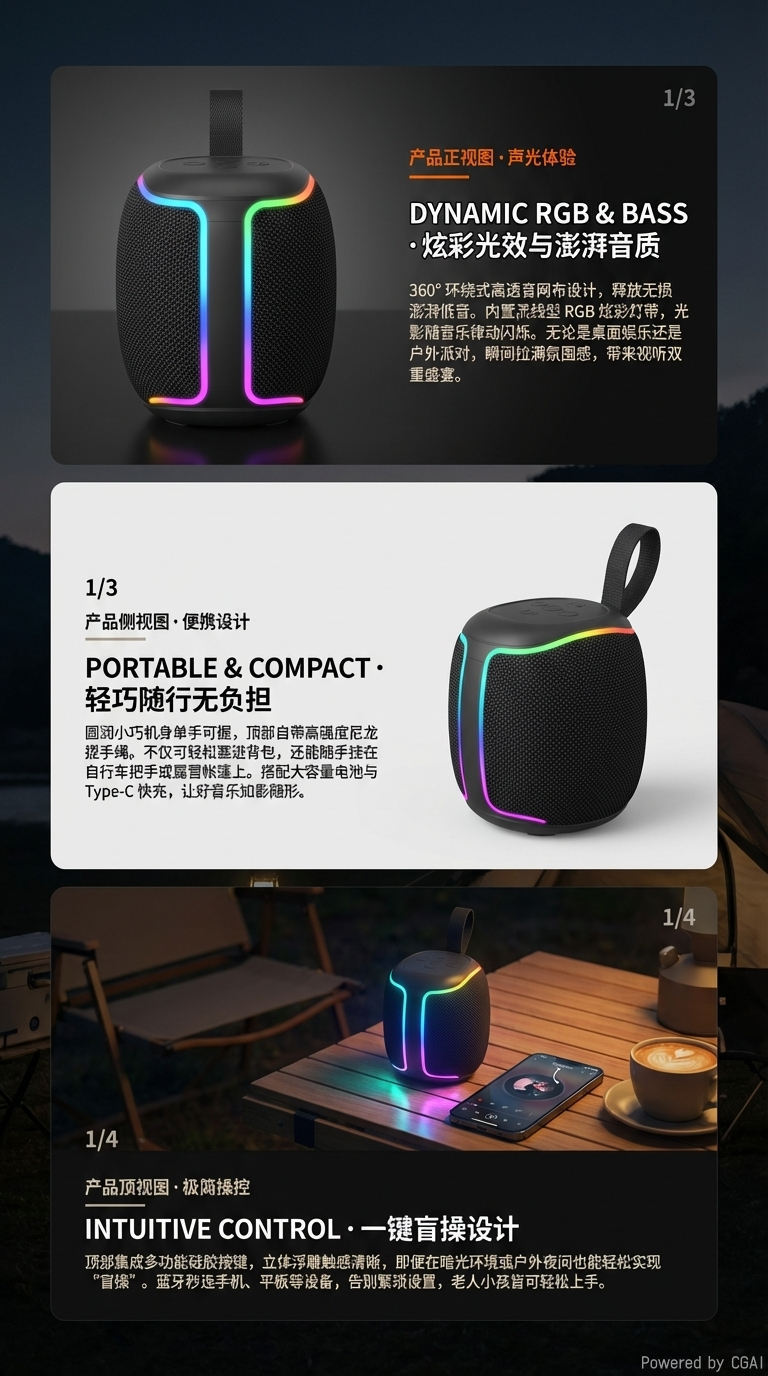 新款M30插卡防水包布便携无线蓝牙音响带收音时尚RGB灯光桌面登山徒步音响详情2