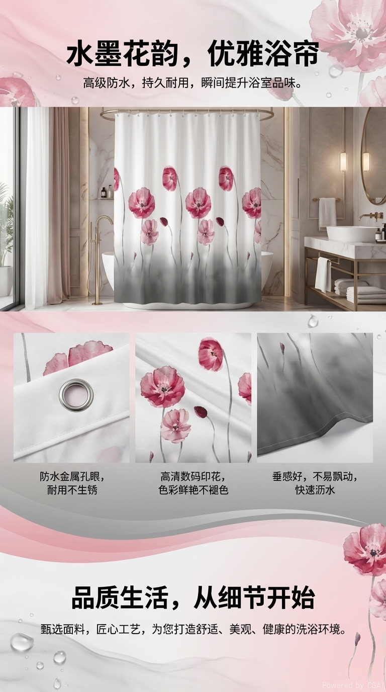 六款布艺浴帘包装好蓝色圆形粉色水滴黑白叶子彩色花朵蓝色浪花黄绿条纹防水隔断帘141953625详情1