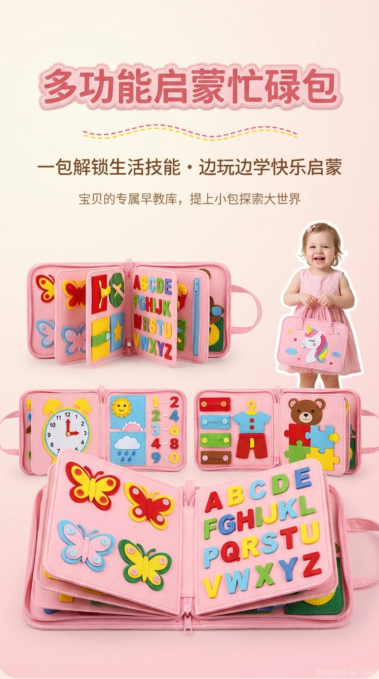 Educational toys: 8-sided multi-scene rainbow Unicorn felt book, Quiet book pic 1