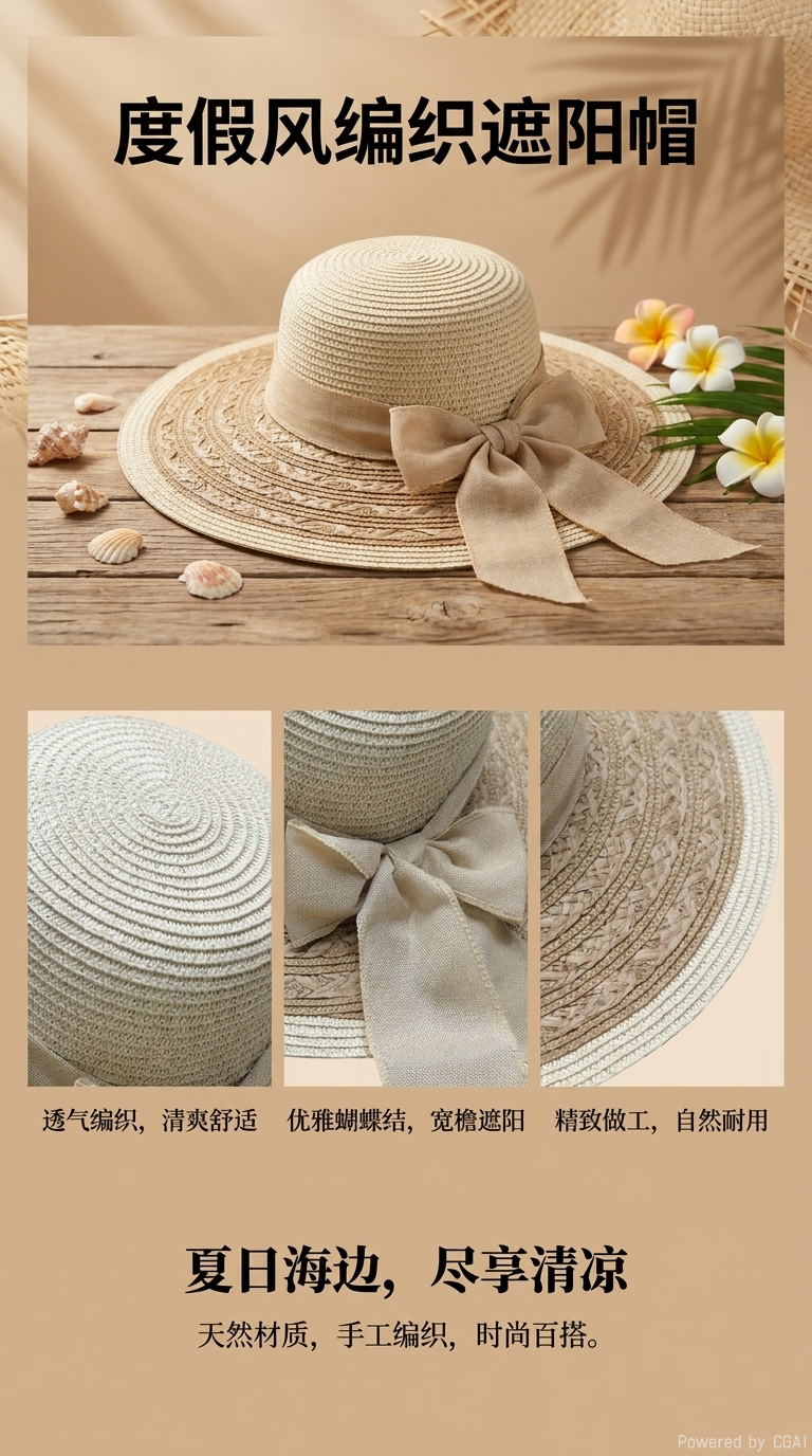 Ladies' straw hat, summer wide-brimmed straw hat, bow decoration, large straw hat, beach hat, sun hat, sunshade hat, seaside vacation, travel, daily outdoor leisure, urban style pic 1