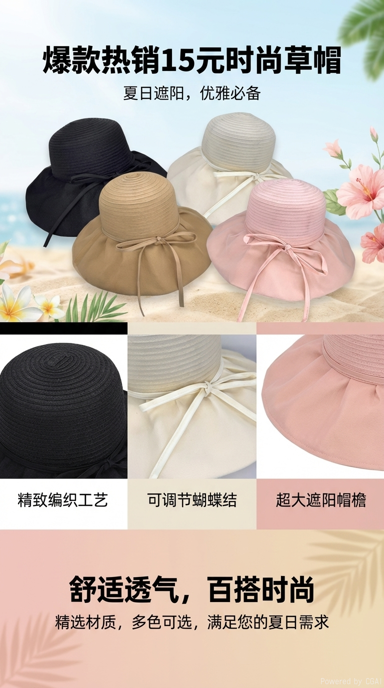 跨境新款欧根纱大沿沙滩帽子女韩版户外出游遮阳彩胶太阳帽子批发详情1