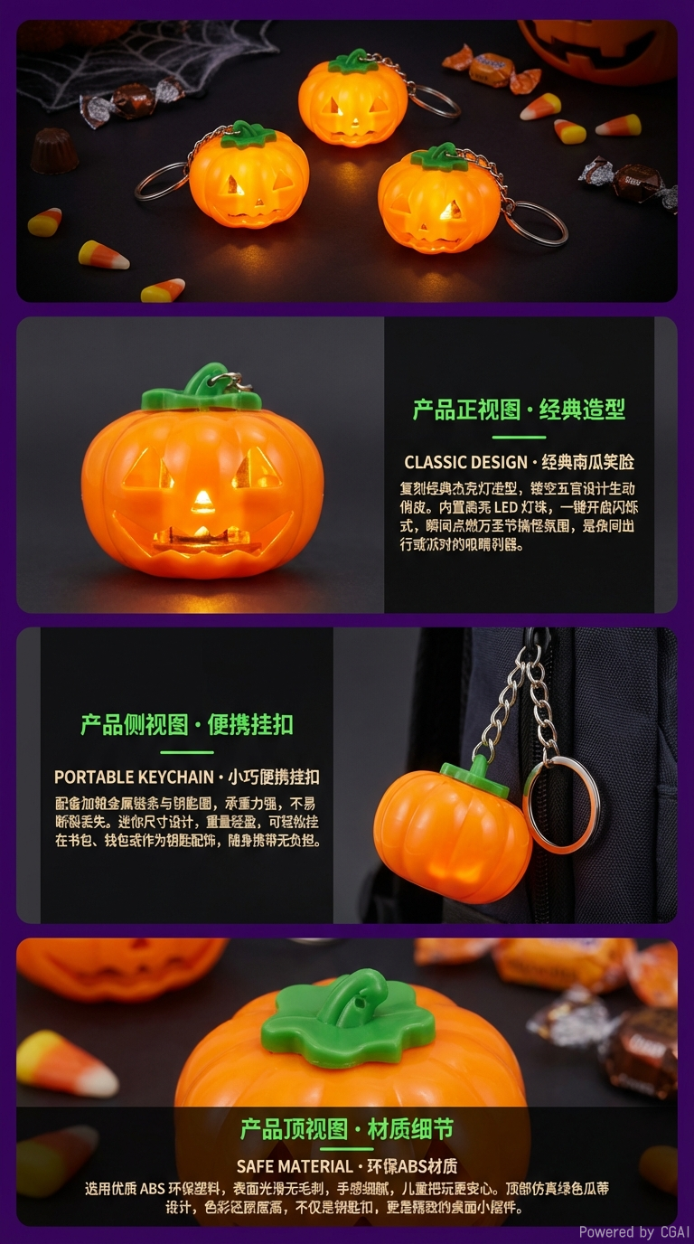 万圣节礼品南瓜灯创意礼品儿童背包配件LED发光钥匙扣挂件详情2