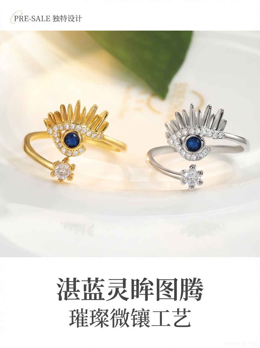 内贸外贸铜镀真金开口戒指速卖通ebay恶魔之眼蓝眼睛首饰厂家直销详情1