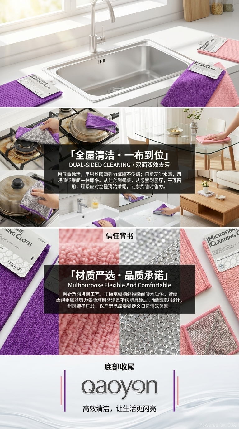 厨房清洁抹布一面银丝一面百洁布双面双用去油污银丝洗碗布详情3