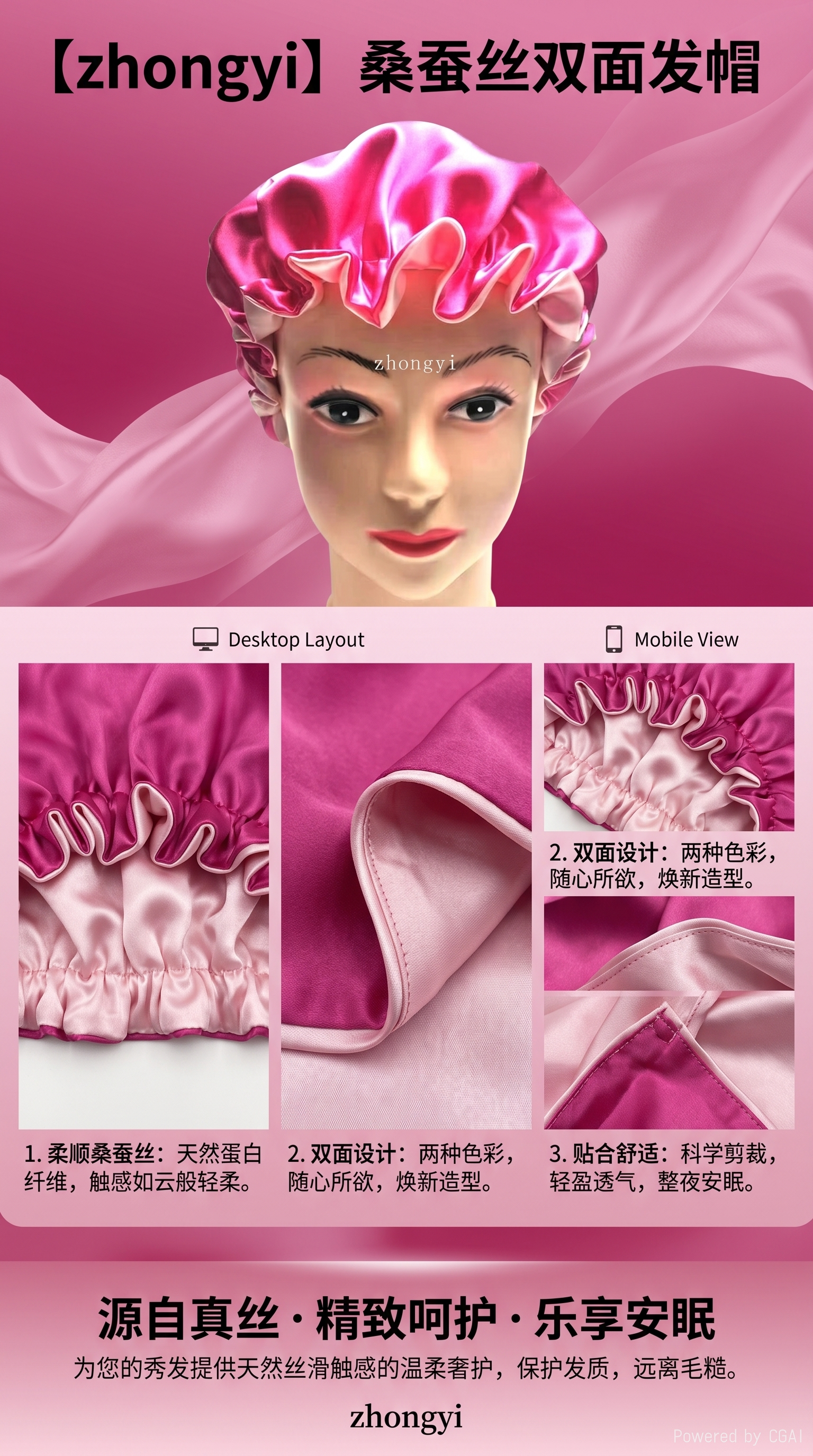 跨境热销 大号双层色丁弹力睡帽 木耳边双里衬松紧带可逆纯色浴帽详情1