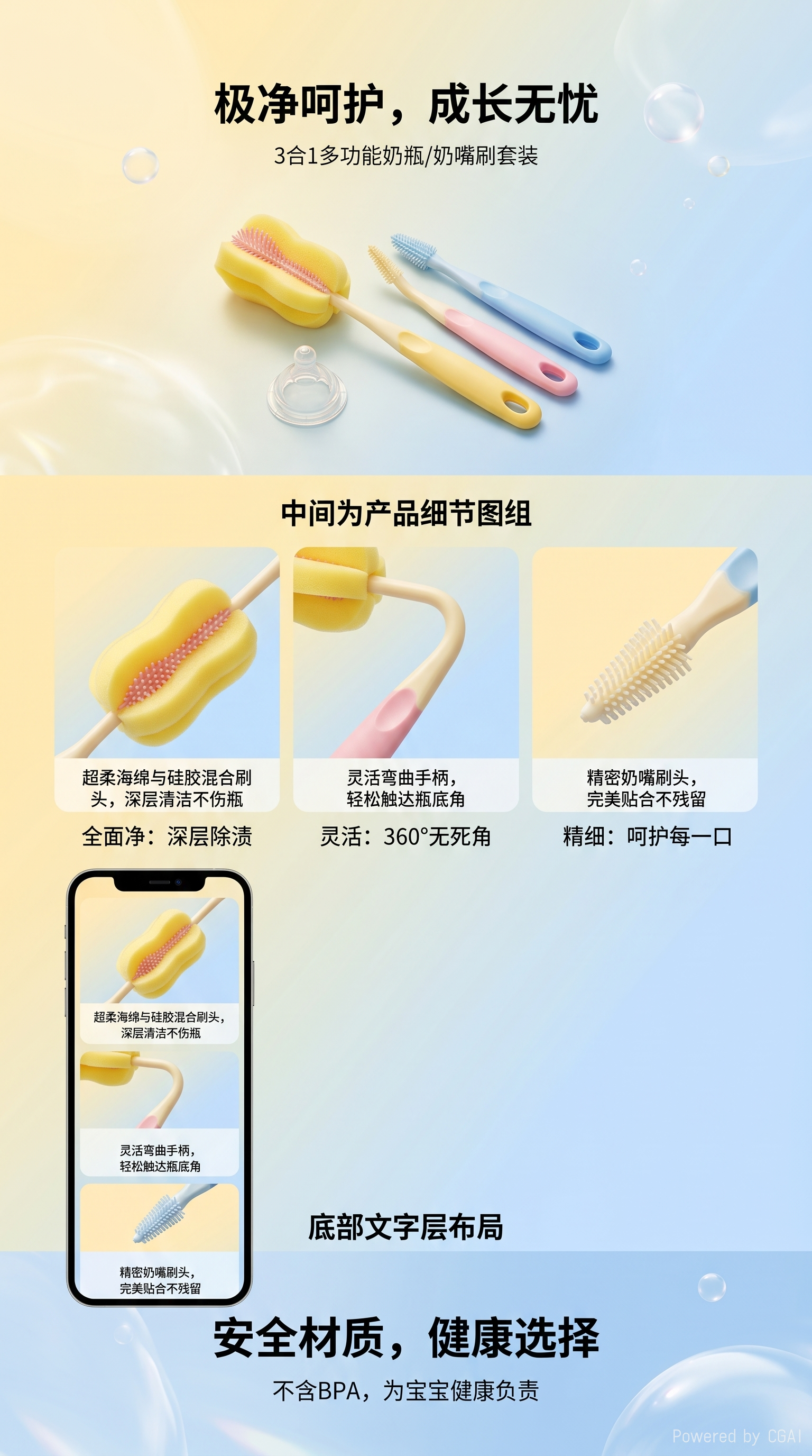 外贸款360度旋转清洁奶瓶刷奶嘴刷套装简单好用婴儿奶瓶刷海绵刷详情1