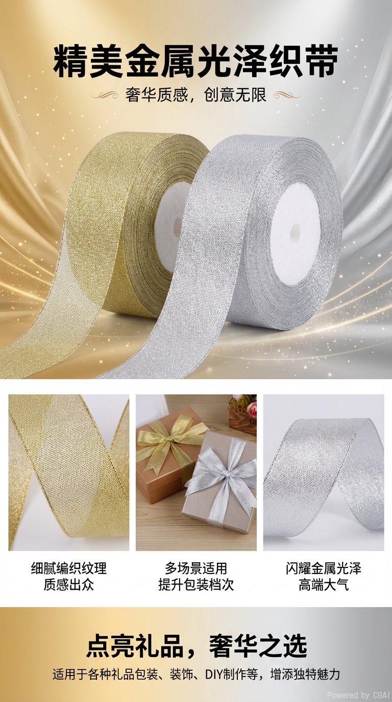 金色银色织带卷印字缎带丝带珍珠纹尼龙手工装饰材料60cm宽详情1