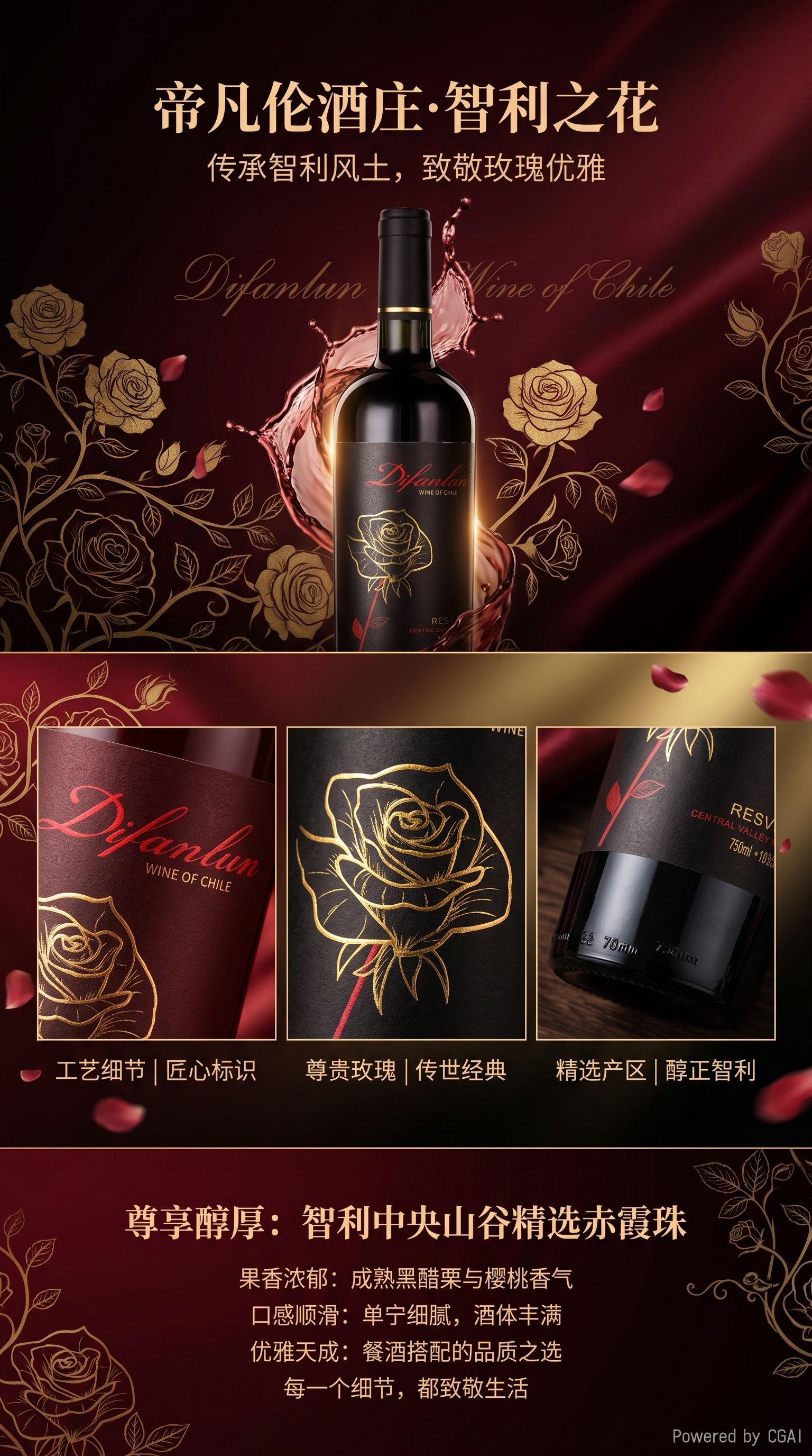 蒂梵伦黑玫瑰梅洛珍藏干红葡萄酒 智利原瓶原装进口干红葡萄酒详情1