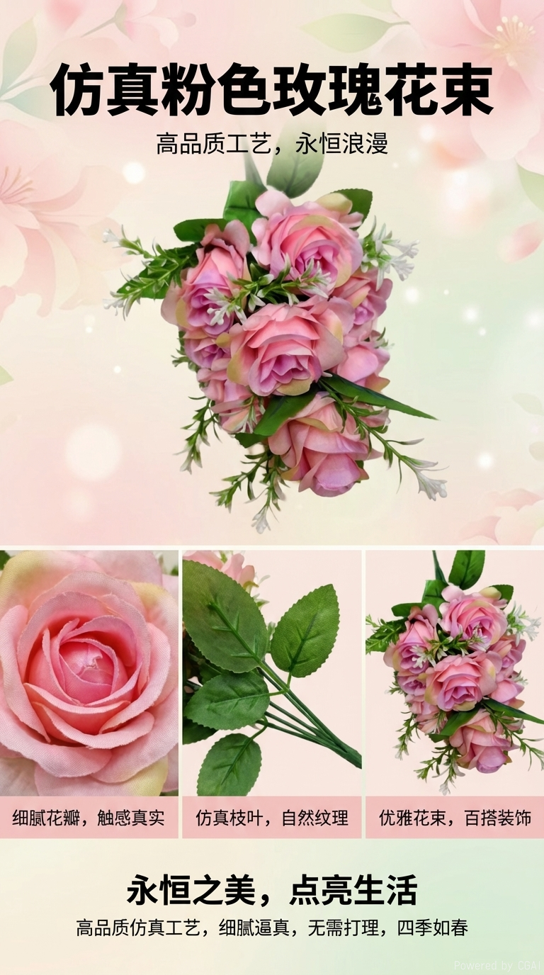 批发10头插花仿真玫瑰花束仿真花DIY装饰家居布置假花绢花塑料花手工花详情1