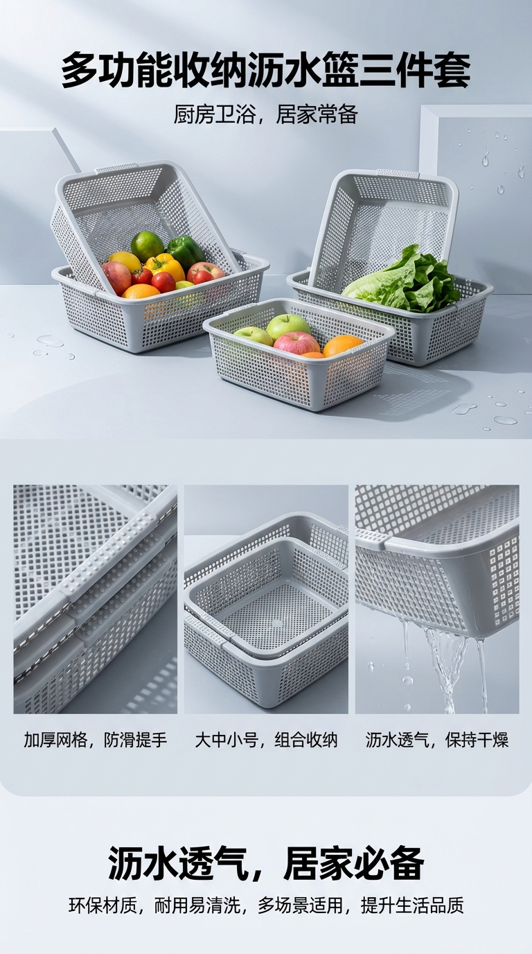 Rectangular hollowed-out draining basket, multi-functional storage basket, universal sorting basket for vegetables, fruits and toiletries, durable PP plastic draining basket, reinforced edge design to save space, stackable storage solution pic 1