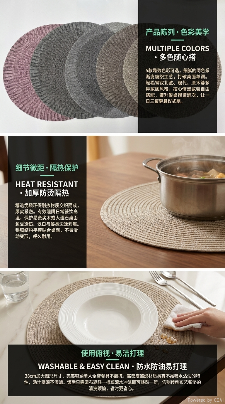 编织纹理圆形涤纶餐垫桌垫隔热垫详情2