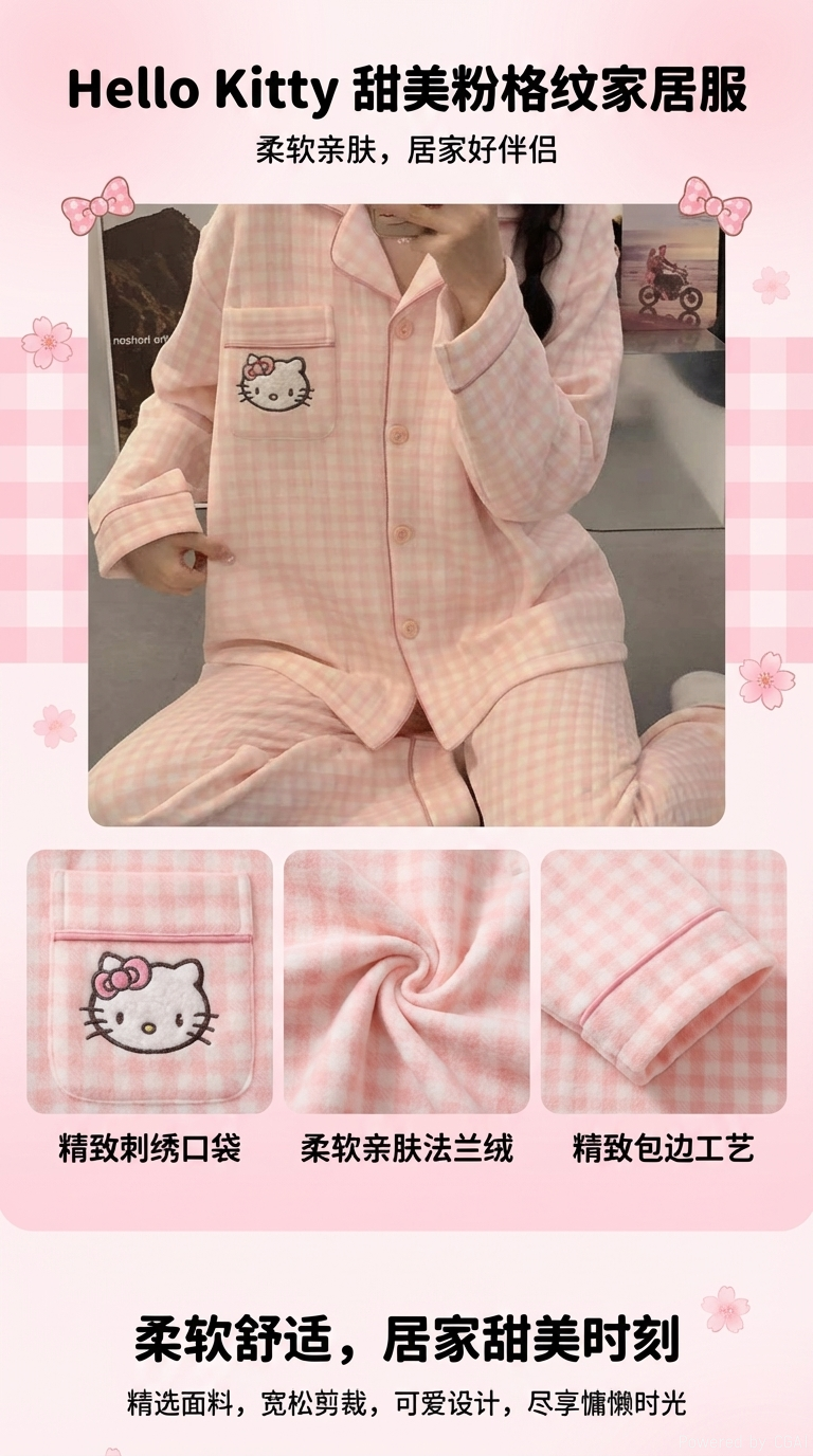 粉色格子Hello Kitty童家居服套装儿童莫代尔棉睡衣详情1