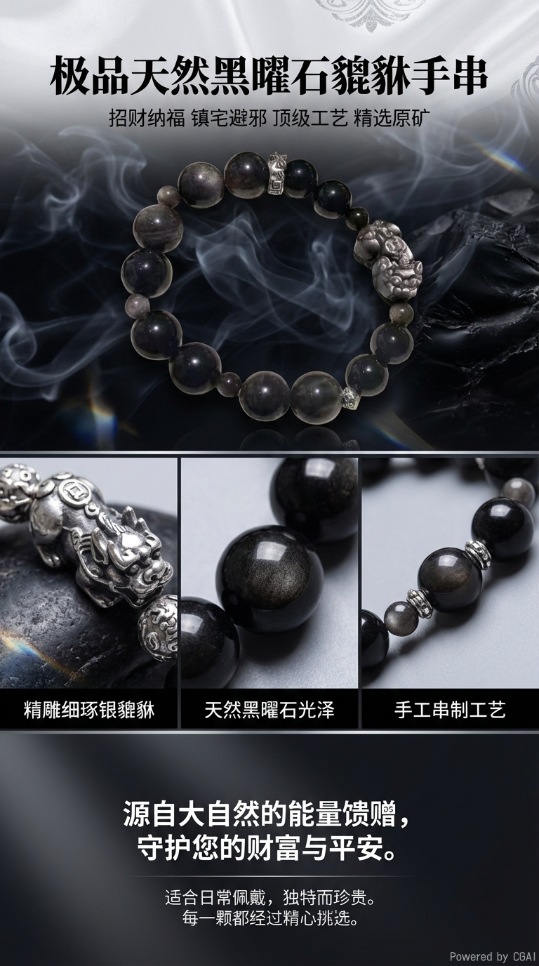 12mm 银曜石 6mm 银曜石 貔貅手链 男款手链男女款天然饰品详情1
