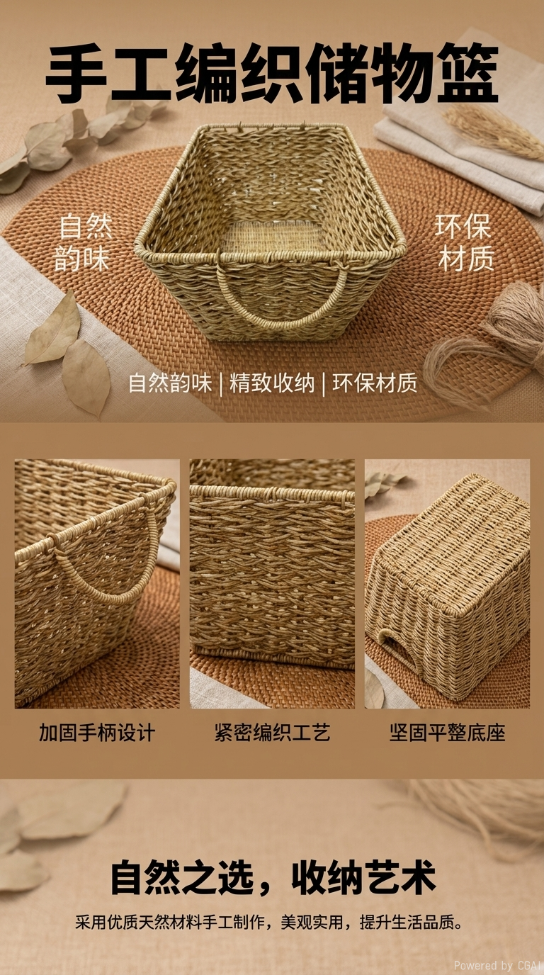 仿藤编收纳篮塑料PP料编织绳置物篮脏衣篓收纳筐家用收纳书本收纳筐田园风格详情1