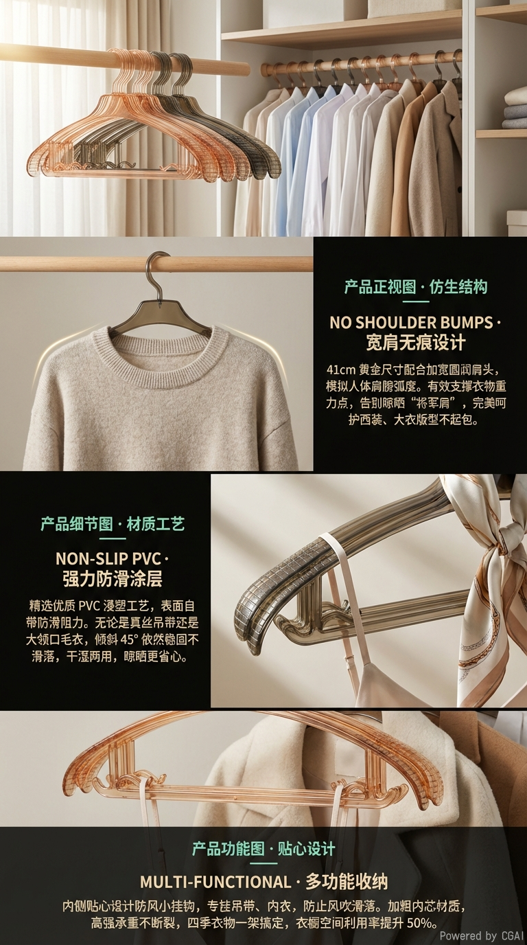 透明宽肩防滑收纳衣架阳台衣帽间干湿两用晾衣架半圆无痕设计详情2