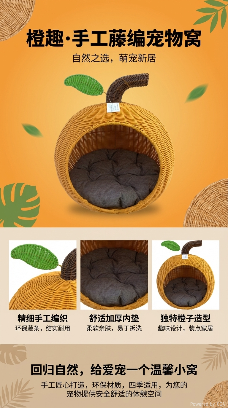 橙色胶藤编织橘子造型藤编猫别墅猫爬架宠物窝猫窝宠物用品猫床狗床宠物篮详情1