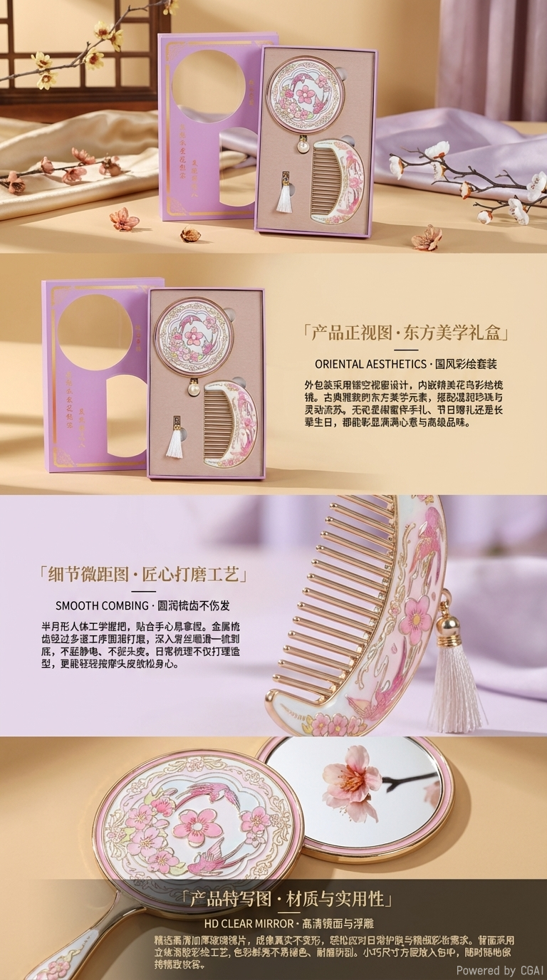 A pink flower-patterned makeup mirror and comb gift box with a national trend, featuring faux tulips, crocheted decorations, artificial flowers, woolen yarn and sunflowers pic 2