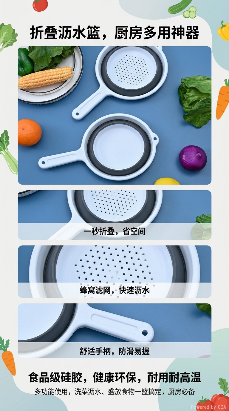 外贸带长手柄滤水勺洗菜洗水果厨房可挂式 大号折叠沥水篮 沥水勺详情1