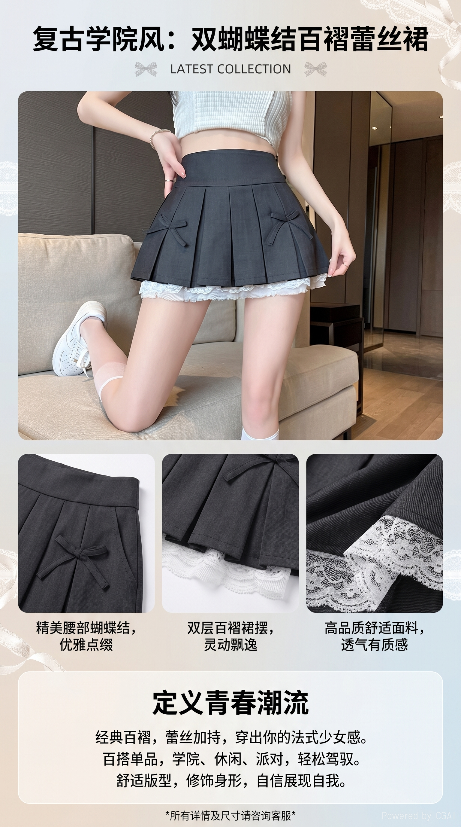 黑色百褶裙收腰仙女裙超短裙优美气质详情1