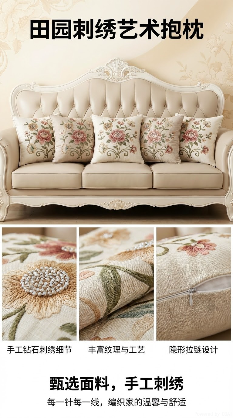 新款毛巾绣抱枕套田园风家居沙发抱枕不含芯床头靠垫办公室腰靠垫090201731详情1
