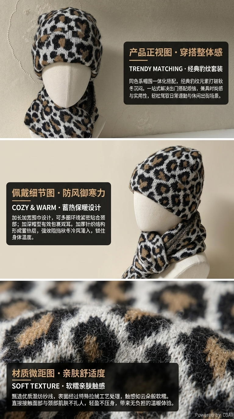 Otoño-invierno mujer leopardo sombrero bufanda dos piezas pareja set pic 2