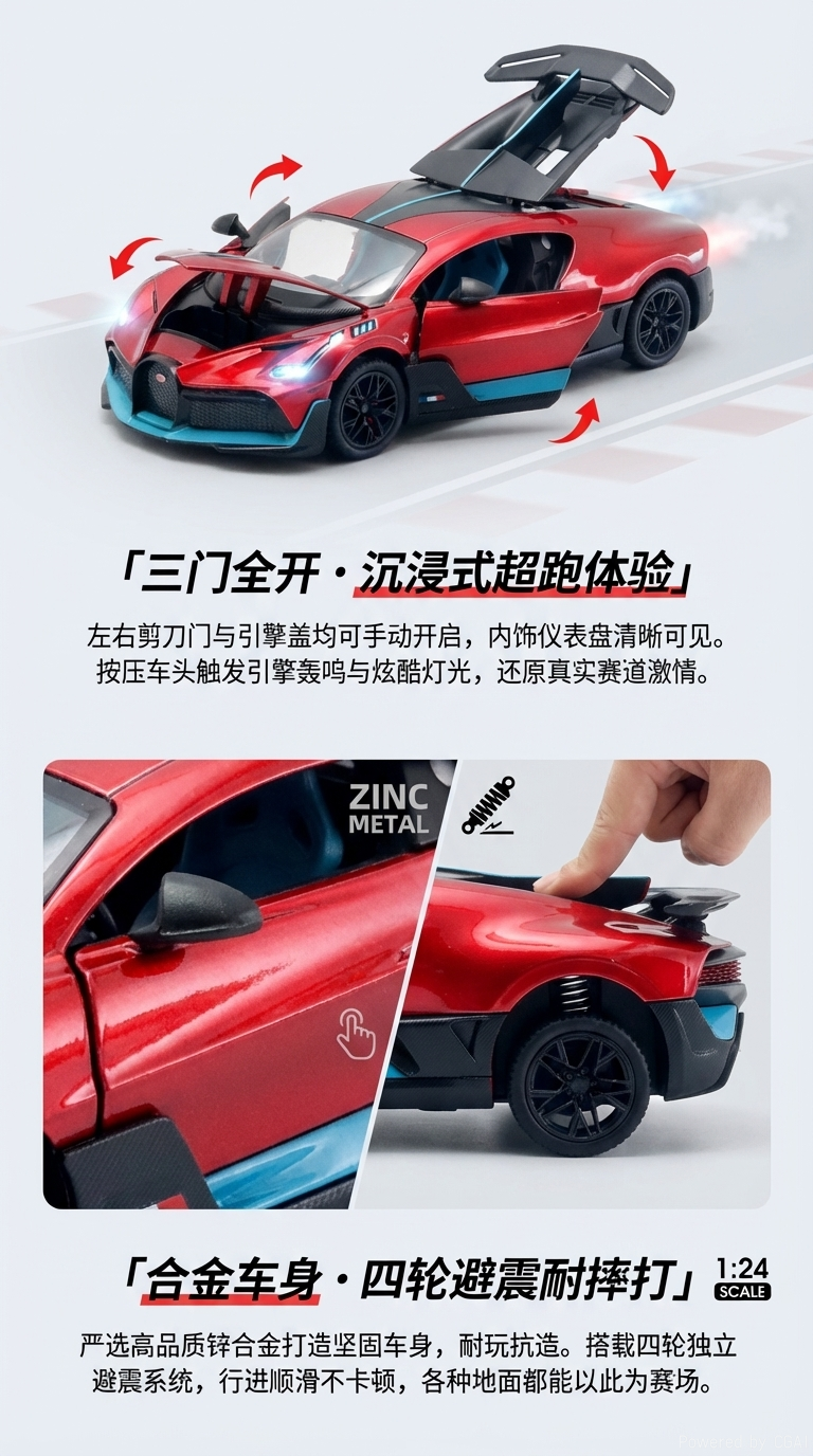 Window box sound and light 1:24 Bugatti DIVO three-door alloy car sports car model toy pic 2
