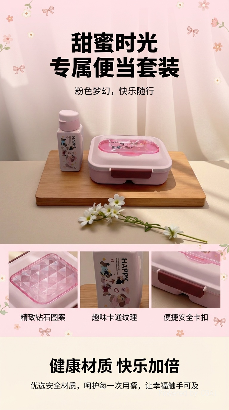 粉色饭盒便当塑料餐盒便携餐具盒粉色瓶子有萌趣的狗狗图案好看又实用餐盒批发详情1