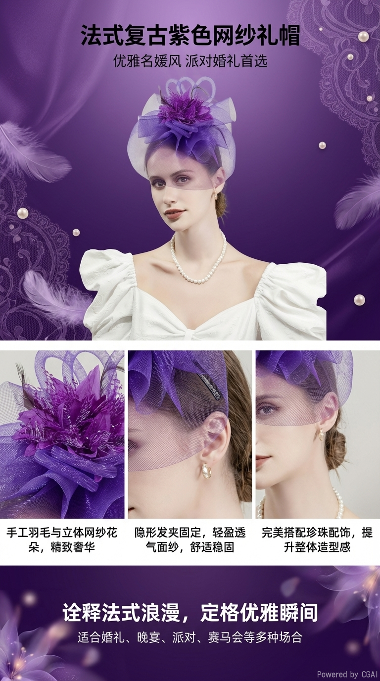 1件女式羽毛花面纱网眼手工艺品茶话会生日饰品赛马帽新娘帽德比帽教堂帽圣诞节发饰带发箍夹子俩用详情1