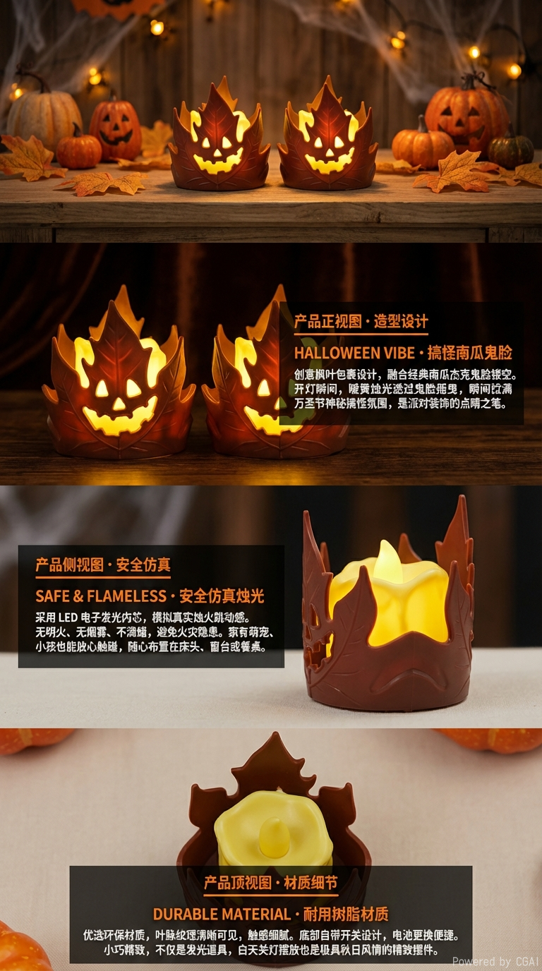 万圣节批发新款树叶幽灵蜡烛电子小夜灯摆件详情2
