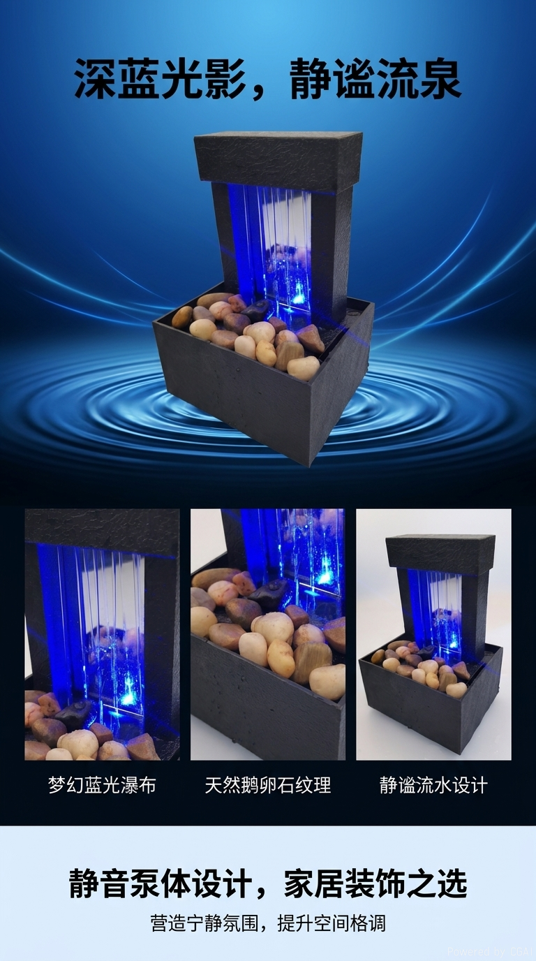Blue light water feature decoration, small indoor flowing water ornaments, artificial mountain and water rockery, water spray hanging ornaments, resin ornaments, the latest gift pic 1
