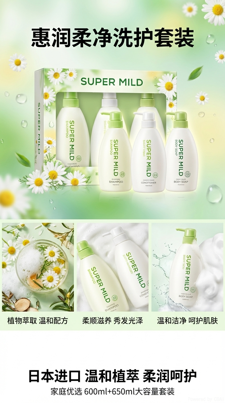 惠润柔净洗护套装(绿野洗发600ml+绿野护发600ml+淡雅柑橘沐浴露650ml)详情1