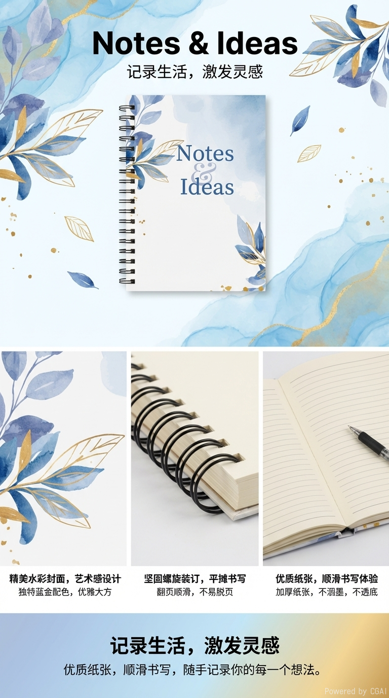 Donghu Paper Products A5 Notes & Ideas Watercolor Blue Gold Branch Leaf Coil Notebook, Artistic and Fresh Notebook, Student Journal, Office Notepad pic 1