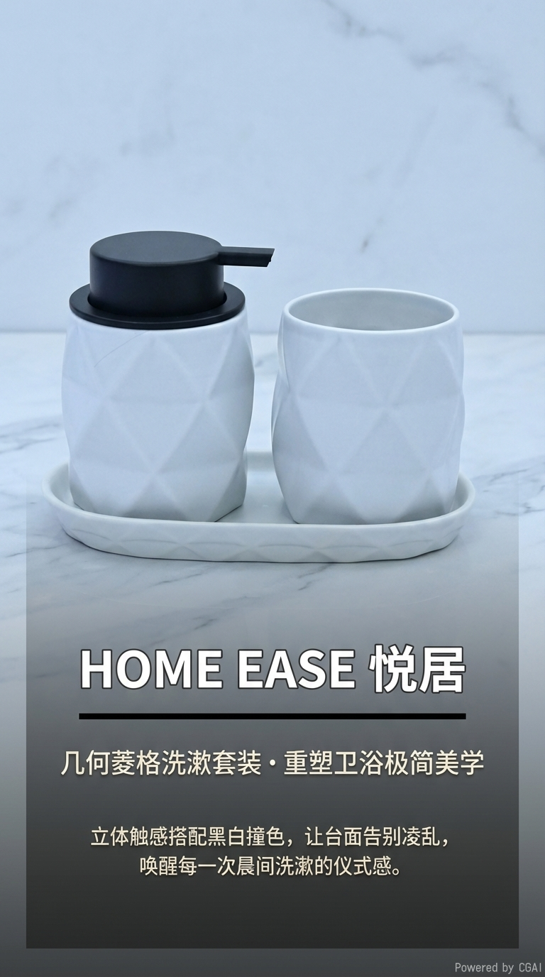 SHARONHOME多色菱格纹陶瓷卫浴三件套 带托盘洗手液瓶 + 漱口杯 现代风浴室洗漱套装详情1