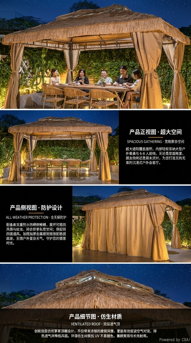 星辰茅草顶凉亭阳光房户外用餐场景搭建庭院遮阳棚详情2