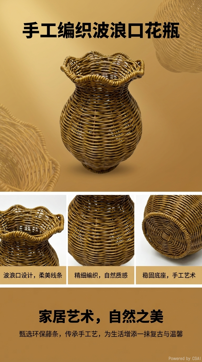 仿藤编织花瓶波浪口边花瓶装饰花桶花篮家居工艺摆件民宿花瓶摆件酒店摆件详情1