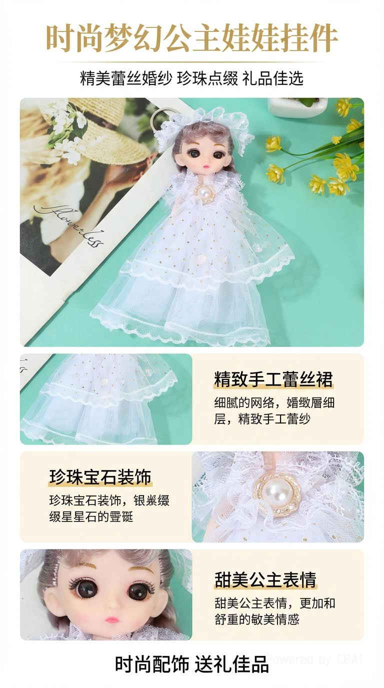 17厘米卡通芭比洋娃娃钥匙扣女孩可爱潮流精致婚纱娃娃公主玩具玩偶包挂件详情1