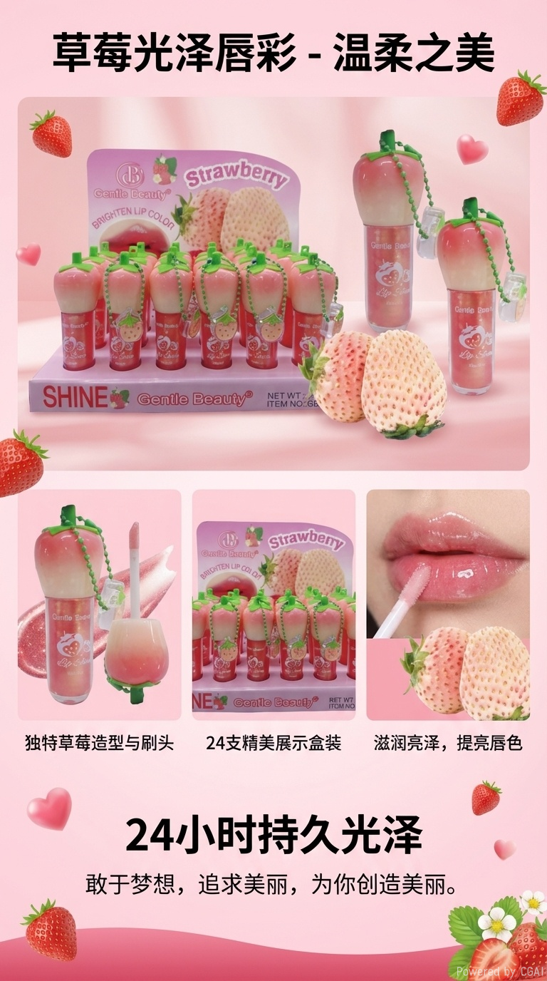 Gentle Beauty Strawberry-flavored cute Lip gloss, shining 24 hours a day, personalized packaging, new product launched this month! pic 1