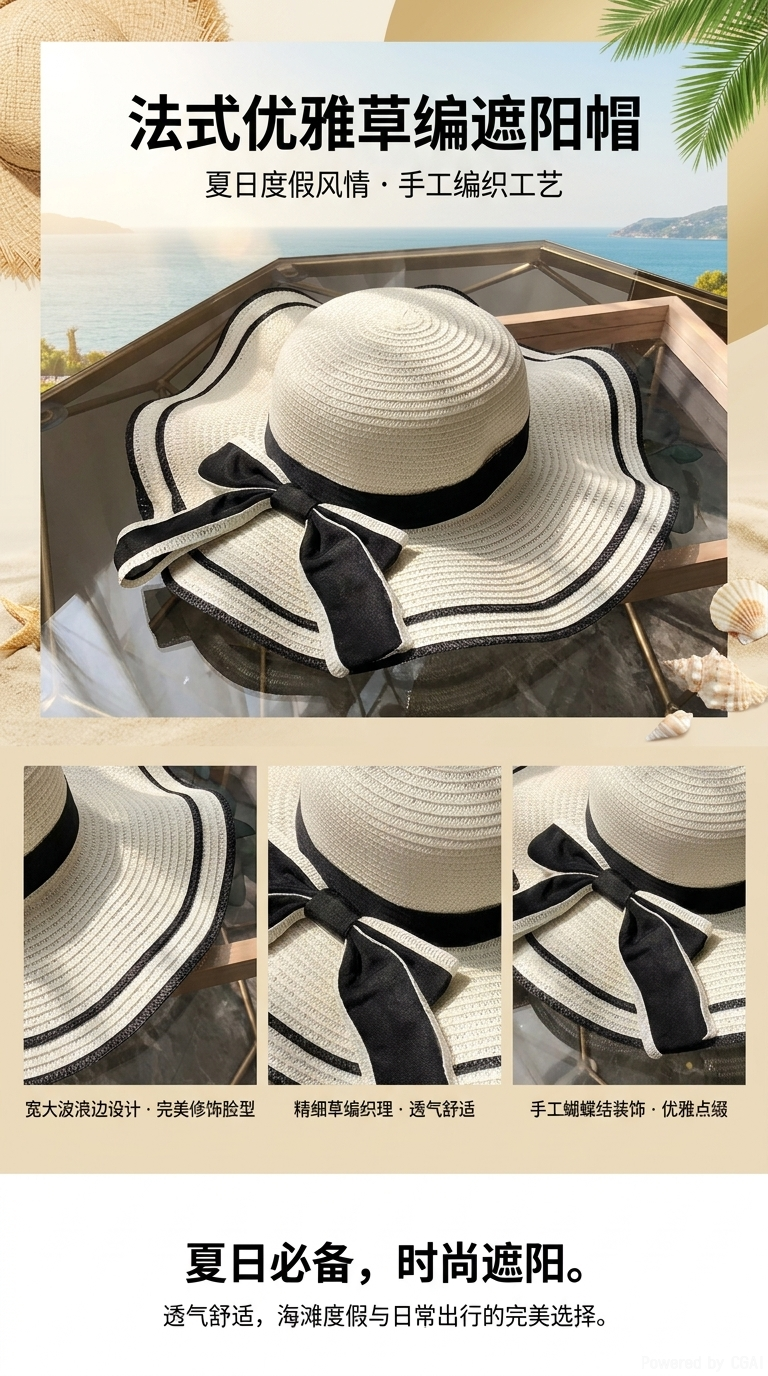 Ladies' straw hat, bow ribbon straw hat, beach hat, wavy border sun-drying hat, sun hat, seaside vacation, travel, daily outdoor leisure urban style pic 1