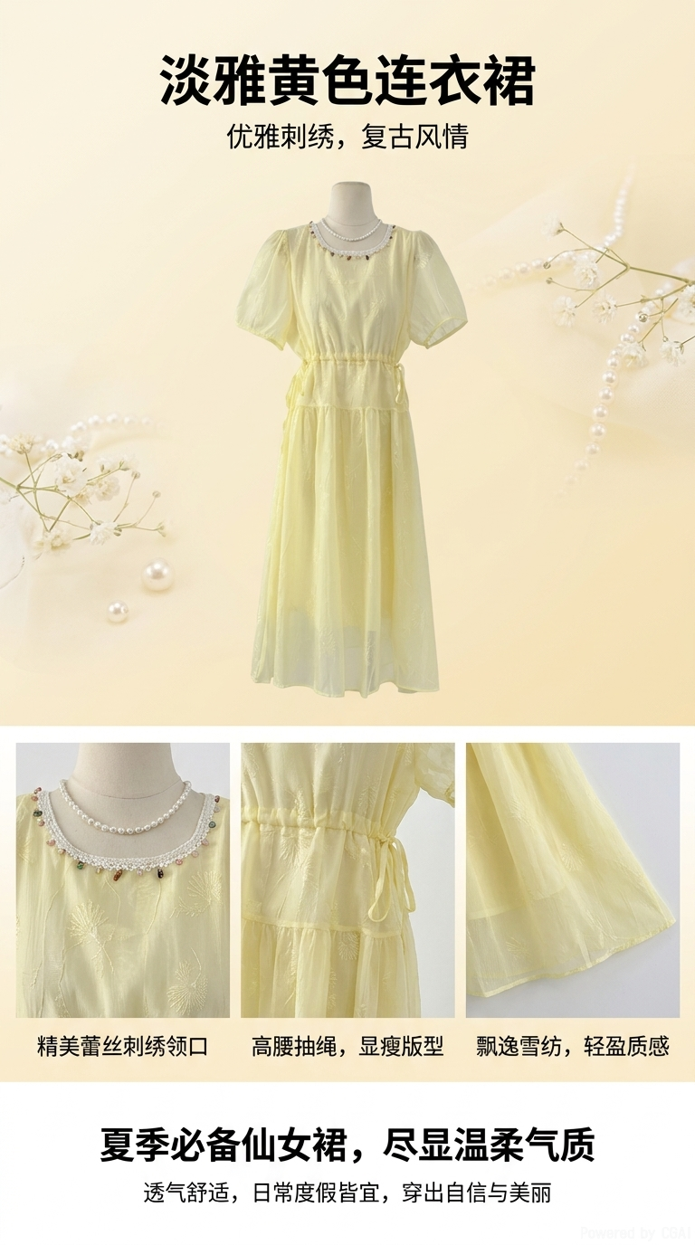 French lace-trimmed round-neck puffed-sleeve dress for women in summer, with a cinched waist, drawstring tie and pleated loose skirt pic 1