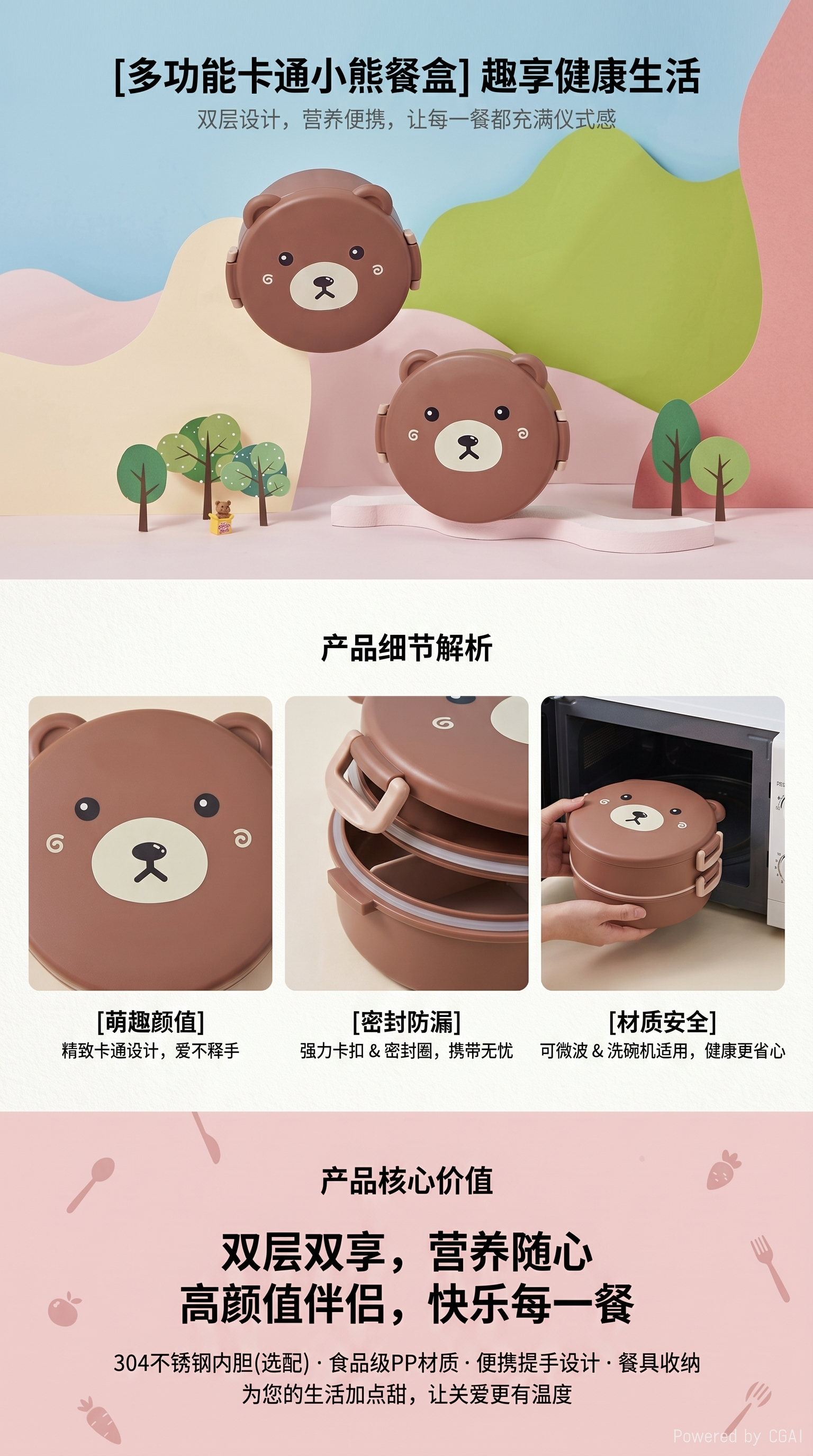 Bear Cartoon portable lunch box set, large capacity bento box, student outdoor cute water bottle, lunch box with tableware pic 1