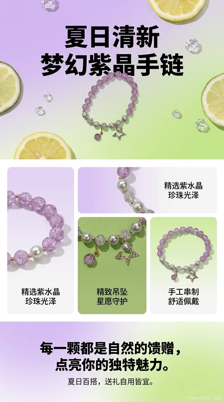 紫色水晶珠串手链 时尚简约女款手饰 精致设计日常佩戴详情1