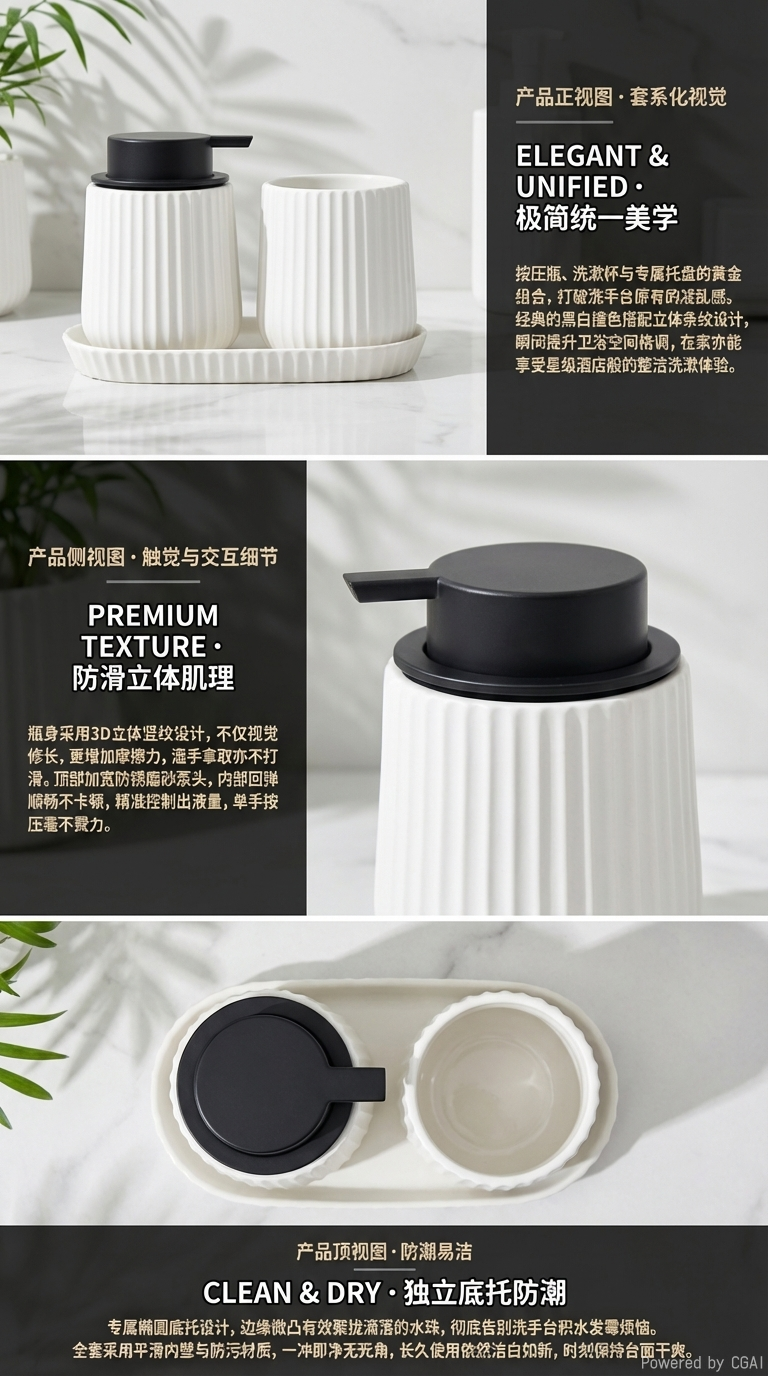 SHARONHOMEA多色竖纹陶瓷卫浴三件套 带托盘洗手液瓶 + 漱口杯 现代风浴室洗漱套装详情2